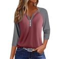 thumbnail image 1 of WTOBBY Women's V-Neck Raglan Sleeve Colorblock Blouse with 3/4 Sleeve, Casual Button Detail Top for Fall Season, Comfortable Fashion Apparel,Wine S, 1 of 3