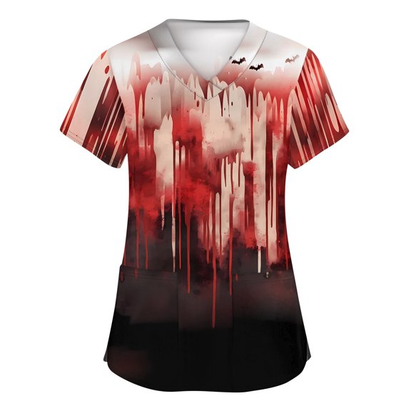 WTOBBY Women's V-Neck Short Sleeve Workwear Top with Pockets and Side Slits, Featuring Bloody Halloween Print for Caregiver Uniforms and Nursing Apparel,Deep Red L