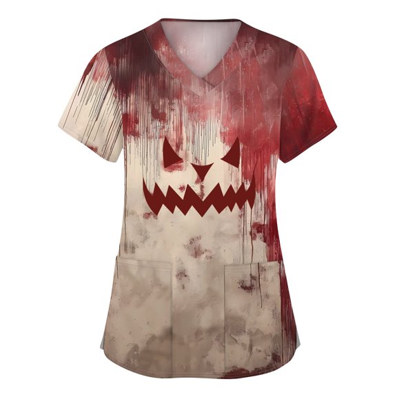 WTOBBY Women's V-Neck Short Sleeve Workwear Top with Pockets and Side Slits, Featuring Bloody Halloween Print for Caregiver Uniforms and Nursing Apparel,Red M