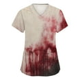 thumbnail image 1 of WTOBBY Women's V-Neck Short Sleeve Workwear Top with Pockets and Side Slits, Featuring Bloody Halloween Print for Caregiver Uniforms and Nursing Apparel,Watermelon Red M, 1 of 5