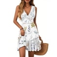 thumbnail image 1 of WTOBBY Women's V-Neck Sleeveless Casual Floral Print Hem Pleated Dress for Summer Beach Party with Flowy Design and Comfortable Fit,White M, 1 of 4