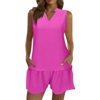 WTOBBY Women's V-Neck Sleeveless Pullover & Elastic Waist Pocket Shorts 2-Piece Set, Loose-Fit Casual Summer Lounge Outfit,Hot Pink L
