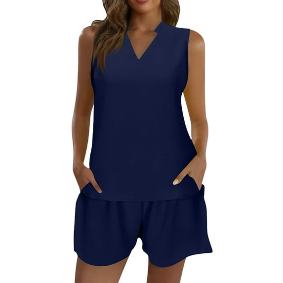 WTOBBY Women's V-Neck Sleeveless Pullover & Elastic Waist Pocket Shorts 2-Piece Set, Loose-Fit Casual Summer Lounge Outfit,Navy M