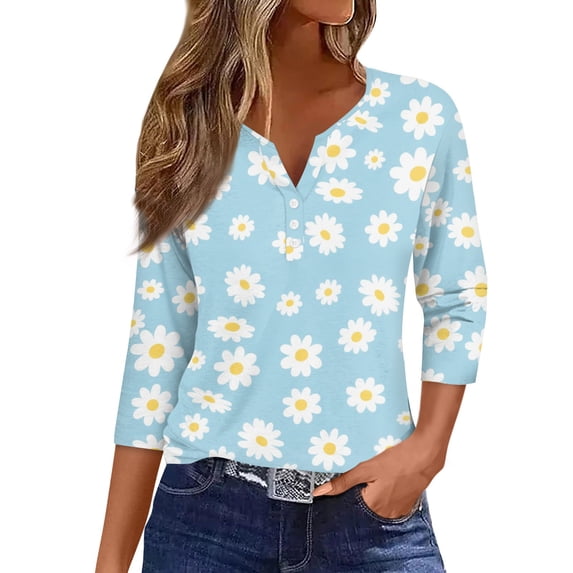 WTOBBY Women's V-Neck T-Shirt with Floral Print, Button Detail, and 3/4 Sleeve, Casual Weekend Fashion for Spring Fall Season, Daily Use, and Outings,Cyan S
