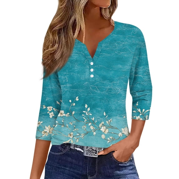 WTOBBY Women's V-Neck T-Shirt with Floral Print, Button Detail, and 3/4 Sleeve, Casual Weekend Fashion for Spring Fall Season, Daily Use, and Outings,Dark Green M