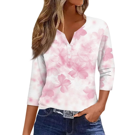 WTOBBY Women's V-Neck T-Shirt with Floral Print, Button Detail, and 3/4 Sleeve, Casual Weekend Fashion for Spring Fall Season, Daily Use, and Outings,Pink L