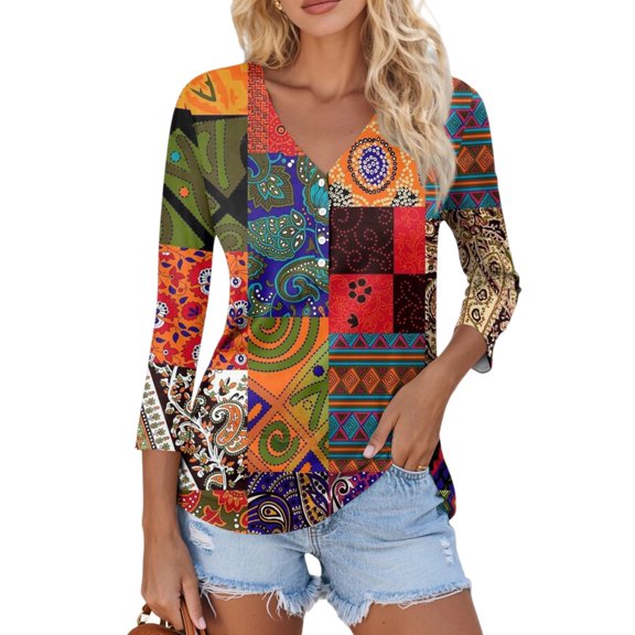 WTOBBY Women's V-Neck Top with Stripe and Color Block Design, Button Detail, 3/4 Sleeve, Perfect for Casual Parties, Spring Fall Season, and Stylish Outings,Vermilion S