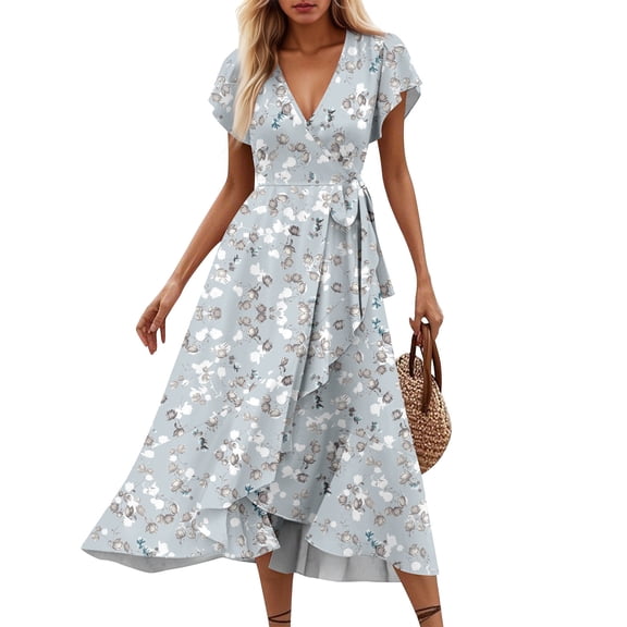 WTOBBY Women's V-Neck Waisted Floral Print Short Sleeve Dress with Ruffle Accent, Feminine and Comfortable for Spring Summer Fashion,Light Blue 2XL