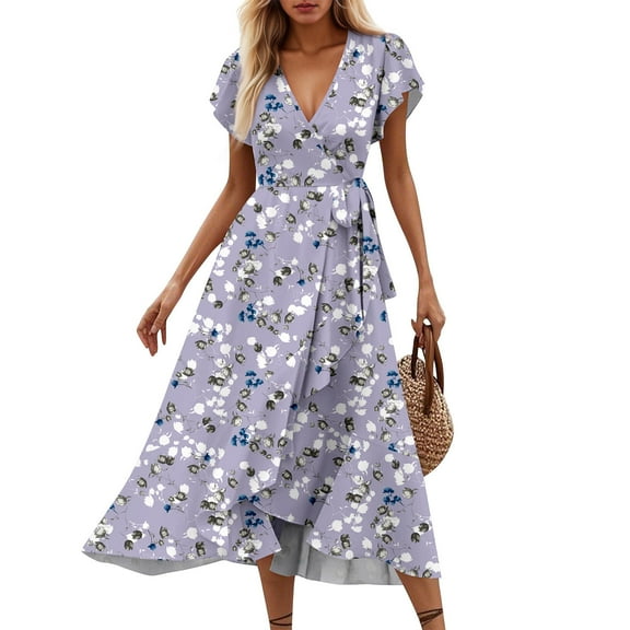 WTOBBY Women's V-Neck Waisted Floral Print Short Sleeve Dress with Ruffle Accent, Feminine and Comfortable for Spring Summer Fashion,Purple M