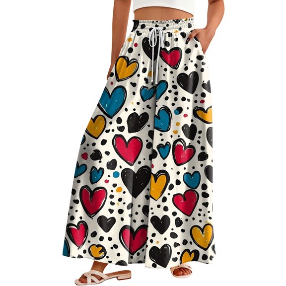 WTOBBY Women's Valentine's Day Print High Waist Wide Leg Palazzo Pants Casual Flowy with Pocket,Beach Trousers Ideal for Summer Parties, Wedding Events and Special Romantic Occasions,Khaki L