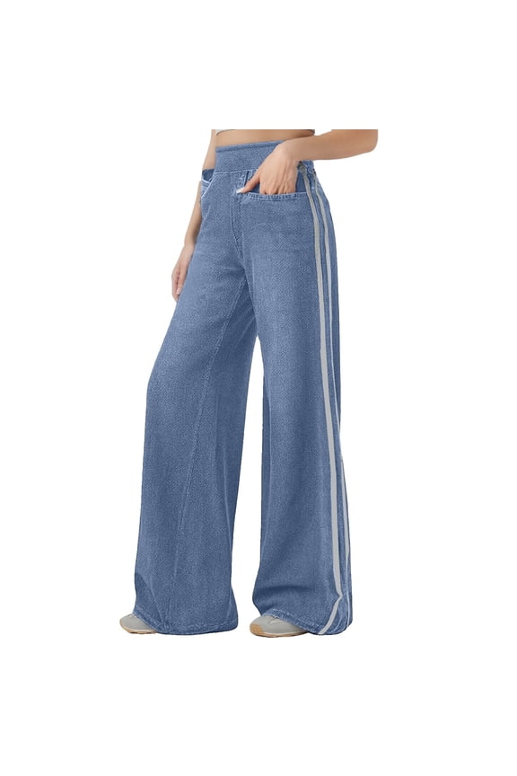 Women's Versatile High Street Retro Washed Blue Jeans with Side Stripes for a Fashionable and Casual Look in Daily Wear,Blue M