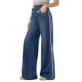 thumbnail image 1 of WTOBBY Women's Versatile High Street Retro Washed Blue Jeans with Side Stripes for a Fashionable and Casual Look in Daily Wear,Dark Blue S, 1 of 4