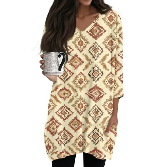 WTOBBY Women's Vintage Botanical Print Tunic Side Slit Design V-Neck 3/4 Sleeve Top with Functional Pockets Casual Comfort Wear,Khaki S