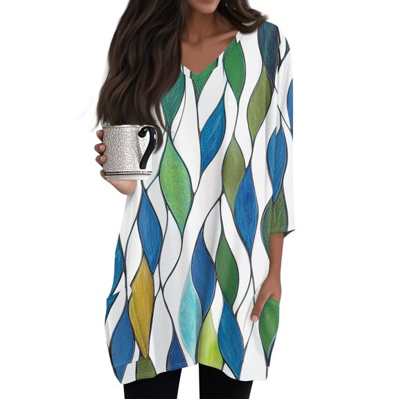 WTOBBY Women's Vintage Botanical Print Tunic Side Slit Design V-Neck 3/4 Sleeve Top with Functional Pockets Casual Comfort Wear,Light Blue S