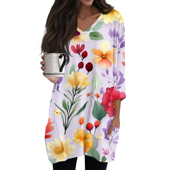 WTOBBY Women's Vintage Botanical Print Tunic Side Slit Design V-Neck 3/4 Sleeve Top with Functional Pockets Casual Comfort Wear,Light Purple L
