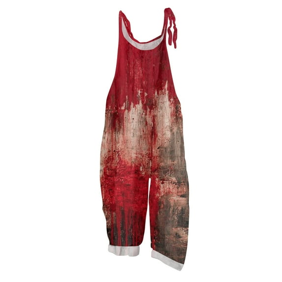 WTOBBY Women's Vintage Casual Jumpsuit with Halloween Blood Print Design, Loose Fit and Shoulder Strap in Cotton Linen Blend for Unique Retro Style,Wine2XL