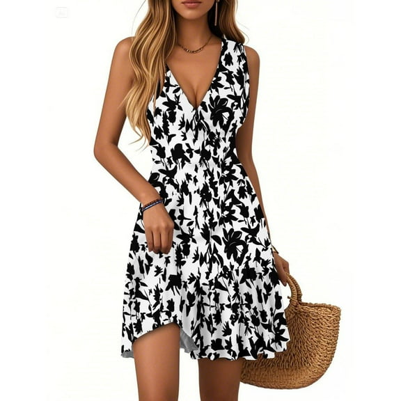 WTOBBY Women's Vintage Classical Floral Leaf Print Summer Dress V-Neck Sleeveless Pleated Hem Casual Dress with Button Front Detail for Garden Parties ,BlackS