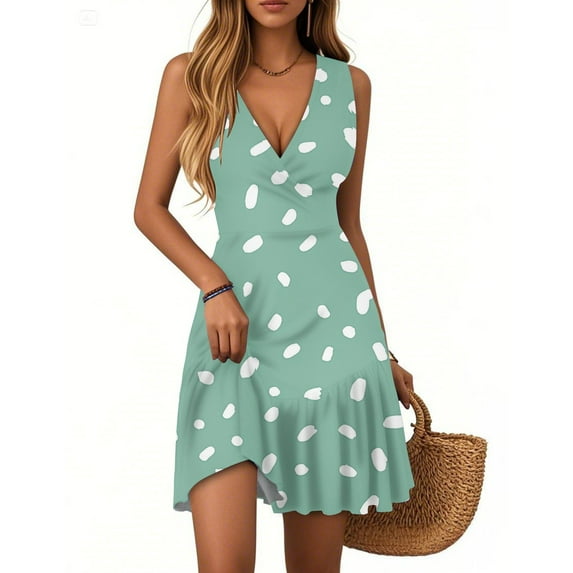 WTOBBY Women's Vintage Classical Floral Leaf Print Summer Dress V-Neck Sleeveless Pleated Hem Casual Dress with Button Front Detail for Garden Parties ,Mint GreenXL