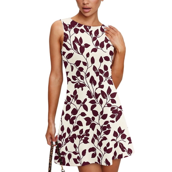 WTOBBY Women's Vintage Classical Leaf Print Summer Round Neck Sleeveless Casual Vest Sundress with Elastic Waist for Comfort and Easy Movement,Dark PurpleS