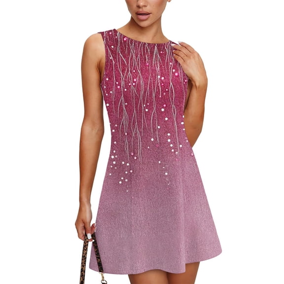 WTOBBY Women's Vintage Classical Leaf Print Summer Round Neck Sleeveless Casual Vest Sundress with Elastic Waist for Comfort and Easy Movement,Hot PinkS