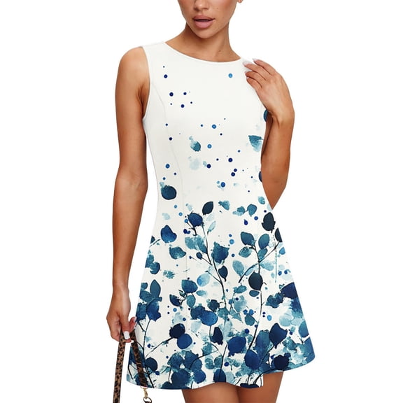 WTOBBY Women's Vintage Classical Leaf Print Summer Round Neck Sleeveless Casual Vest Sundress with Elastic Waist for Comfort and Easy Movement,Royal BlueS