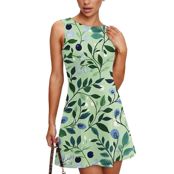 WTOBBY Women's Vintage Classical Leaf Print Summer Round Neck Sleeveless Casual Vest Sundress with Elastic Waist for Comfort and Easy Movement,GreenS