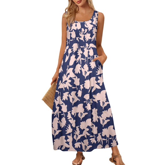 WTOBBY Women's Vintage Floral Print Summer Round Neck Sleeveless Beach Dress with Smocked Back and Elastic Waist for Resort Wear and Getaways,Dark Purple2XL