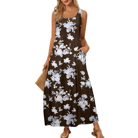 WTOBBY Women's Vintage Floral Print Summer Round Neck Sleeveless Beach Dress with Smocked Back and Elastic Waist for Resort Wear and Getaways,BlackL