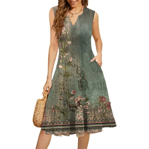 WTOBBY Women's Vintage Floral Print Summer V-Neck Casual Dress Sleeveless Pleated Ruffle Hem Dress for Garden Parties and Tea Events,Army GreenM