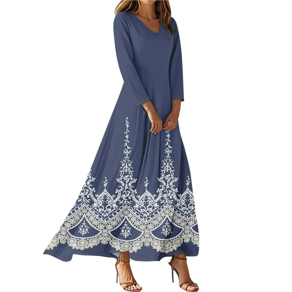 WTOBBY Women's Vintage Floral Print V-Neck 3/4 Sleeve A-Line Beach Dress, Waisted Midi Sundress with Casual Flowy Skirt for Vacation,Dark Blue XL
