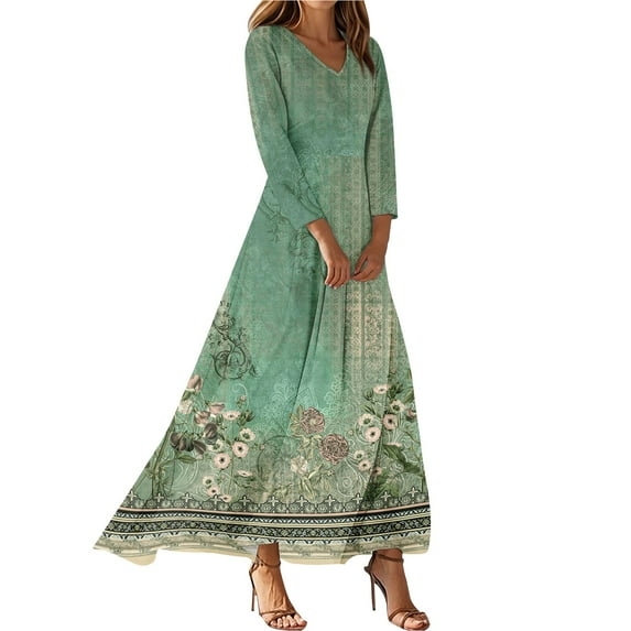 WTOBBY Women's Vintage Floral Print V-Neck 3/4 Sleeve A-Line Beach Dress, Waisted Midi Sundress with Casual Flowy Skirt for Vacation,Green M