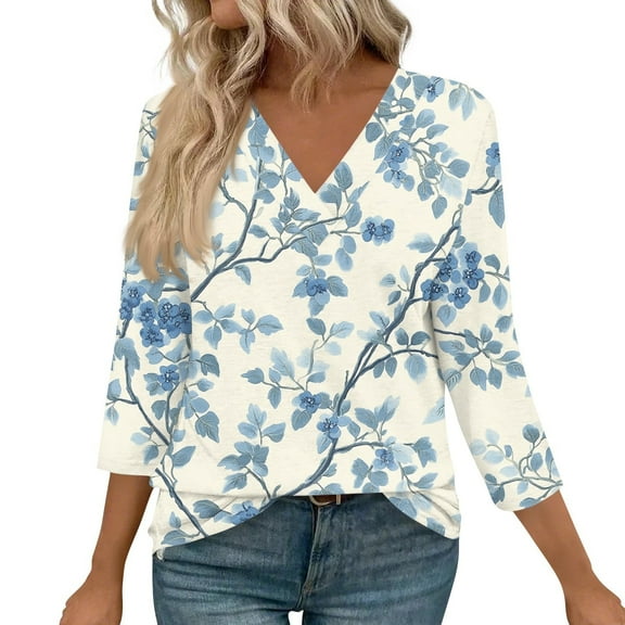 WTOBBY Women's Vintage Floral Print V-Neck Tunic 3/4 Sleeve Loose Fit Blouse Casual Comfort Top with Breathable Cotton Material,Light Blue L