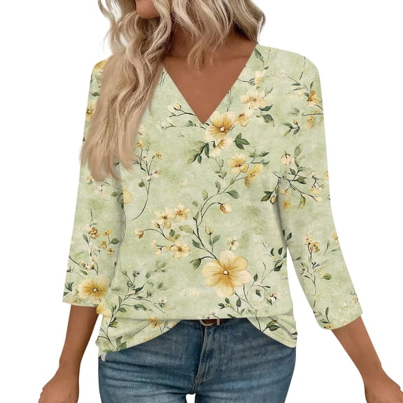 WTOBBY Women's Vintage Floral Print V-Neck Tunic 3/4 Sleeve Loose Fit Blouse Casual Comfort Top with Breathable Cotton Material,Light Green L