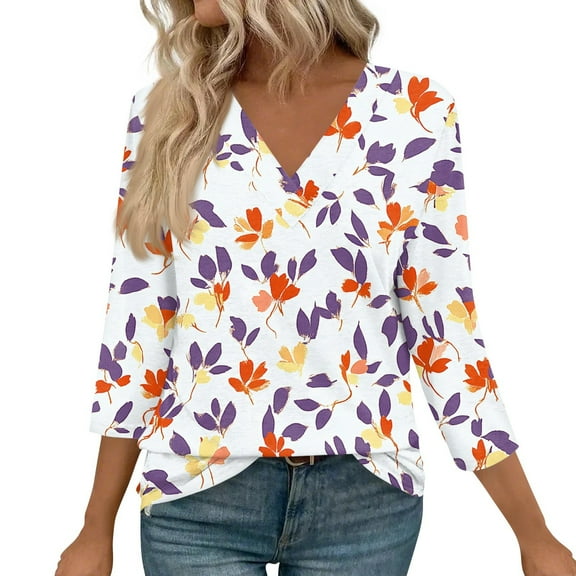WTOBBY Women's Vintage Floral Print V-Neck Tunic 3/4 Sleeve Loose Fit Blouse Casual Comfort Top with Breathable Cotton Material,Purple 2XL
