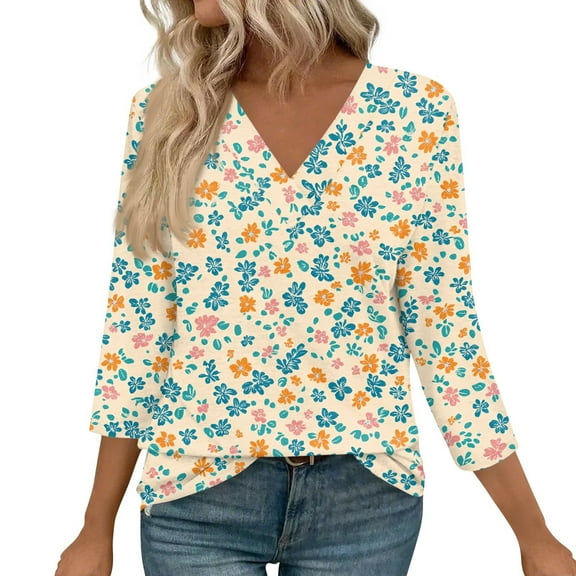 WTOBBY Women's Vintage Floral Print V-Neck Tunic 3/4 Sleeve Loose Fit Blouse Casual Comfort Top with Breathable Cotton Material,Yellow L