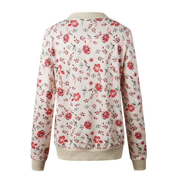 WTOBBY Women's Vintage Floral Print Zip-Up Jacket, Round Neck Long Sleeve Casual Coat Outerwear, Retro Inspired Lightweight Top for Spring or Fall, Unique Design,Pink S