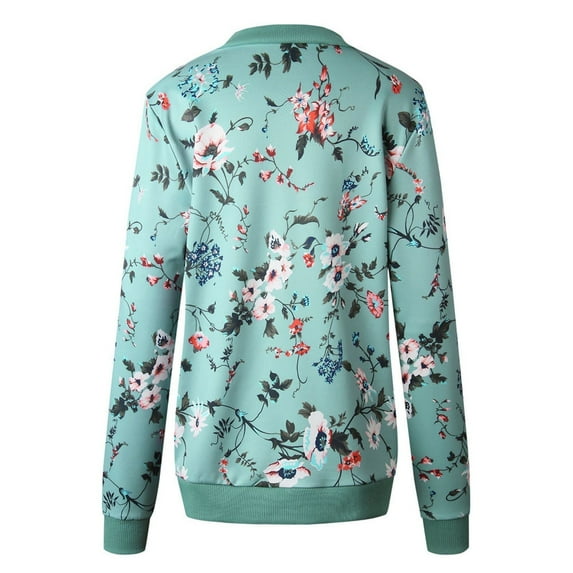 WTOBBY Women's Vintage Floral Print Zip-Up Jacket, Round Neck Long Sleeve Casual Coat Outerwear, Retro Inspired Lightweight Top for Spring or Fall, Unique Design,Green 2XL