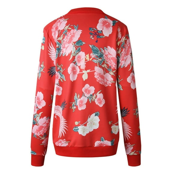 WTOBBY Women's Vintage Floral Print Zip-Up Jacket, Round Neck Long Sleeve Casual Coat Outerwear, Retro Inspired Lightweight Top for Spring or Fall, Unique Design,Red L
