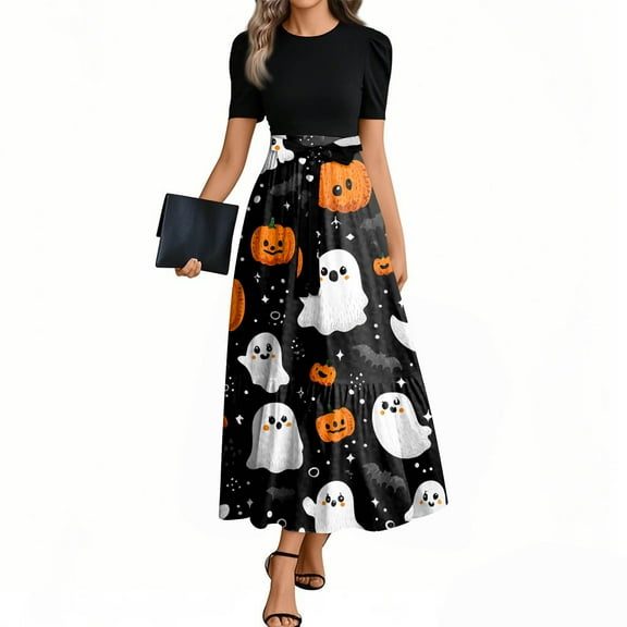 WTOBBY Women's Vintage Halloween Print Dress Short Sleeve Round Neck Casual Style with Waist Belt and Elegant Flowy Silhouette,Black L