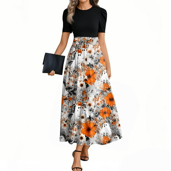 WTOBBY Women's Vintage Halloween Print Dress Short Sleeve Round Neck Casual Style with Waist Belt and Elegant Flowy Silhouette,Gray M