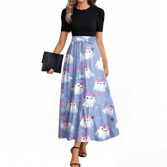 WTOBBY Women's Vintage Halloween Print Dress Short Sleeve Round Neck Casual Style with Waist Belt and Elegant Flowy Silhouette,Light Blue 2XL