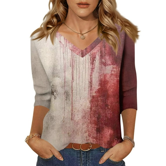 WTOBBY Women's Vintage Halloween Print V-Neck 3/4 Sleeve Casual Top Loose Fit Blouse Tee for Fall Festivities and Daily Fashion Wear,Red 3XL