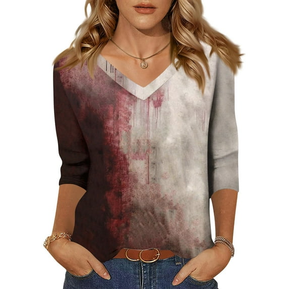 WTOBBY Women's Vintage Halloween Print V-Neck 3/4 Sleeve Casual Top Loose Fit Blouse Tee for Fall Festivities and Daily Fashion Wear,Vermilion S