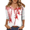 thumbnail image 1 of WTOBBY Women's Vintage Halloween Print V-Neck 3/4 Sleeve Casual Top Loose Fit Blouse Tee for Fall Festivities and Daily Fashion Wear,Wine 5XL, 1 of 7