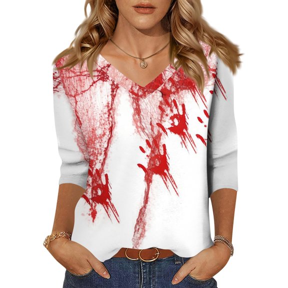 WTOBBY Women's Vintage Halloween Print V-Neck 3/4 Sleeve Casual Top Loose Fit Blouse Tee for Fall Festivities and Daily Fashion Wear,Wine L