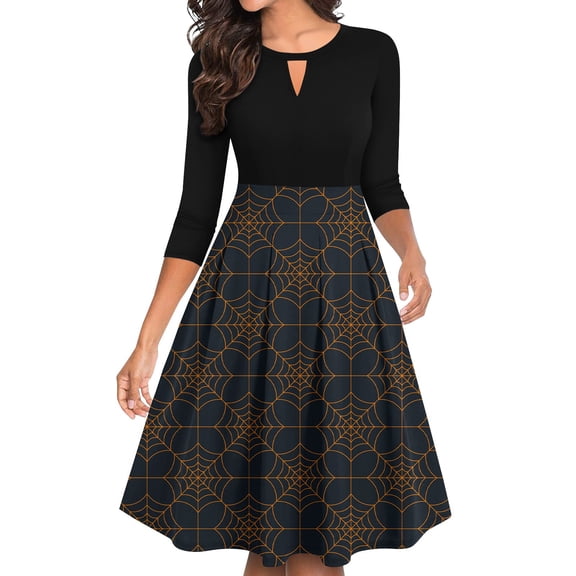 WTOBBY Women's Vintage Halloween Printed 3/4 Sleeve Flared A-Line Swing Casual Party Dress with Retro Design for Festive Occasions and Gothic Style ,Orange S