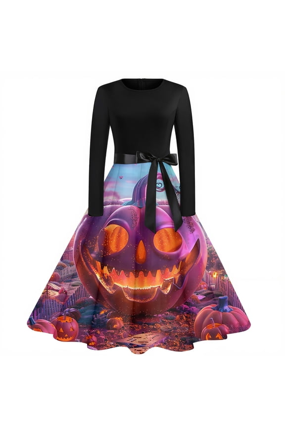 Women's Vintage Halloween Printed Party Gown Dress with Round Neck, Long Sleeves, and Formal Design for Evening Wear and Gothic Parties ,Pink 2XL
