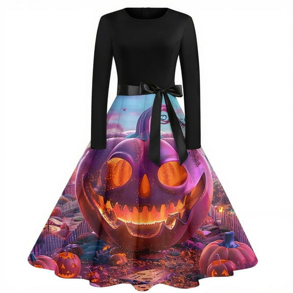 WTOBBY Women's Vintage Halloween Printed Party Gown Dress with Round Neck, Long Sleeves, and Formal Design for Evening Wear and Gothic Parties ,Pink S