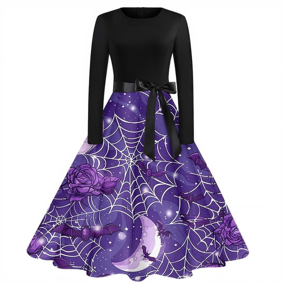 WTOBBY Women's Vintage Halloween Printed Party Gown Dress with Round Neck, Long Sleeves, and Formal Design for Evening Wear and Gothic Parties ,Purple S