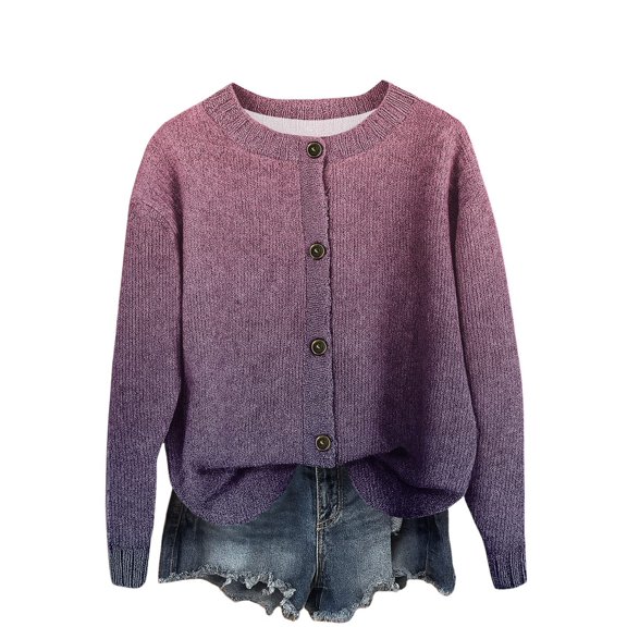WTOBBY Women's Vintage Knit Button Gradient Print Cardigan Jacket, Retro-Inspired Sweater with Faded Pattern for Unique and Stylish Looks,Dark Purple 2XL